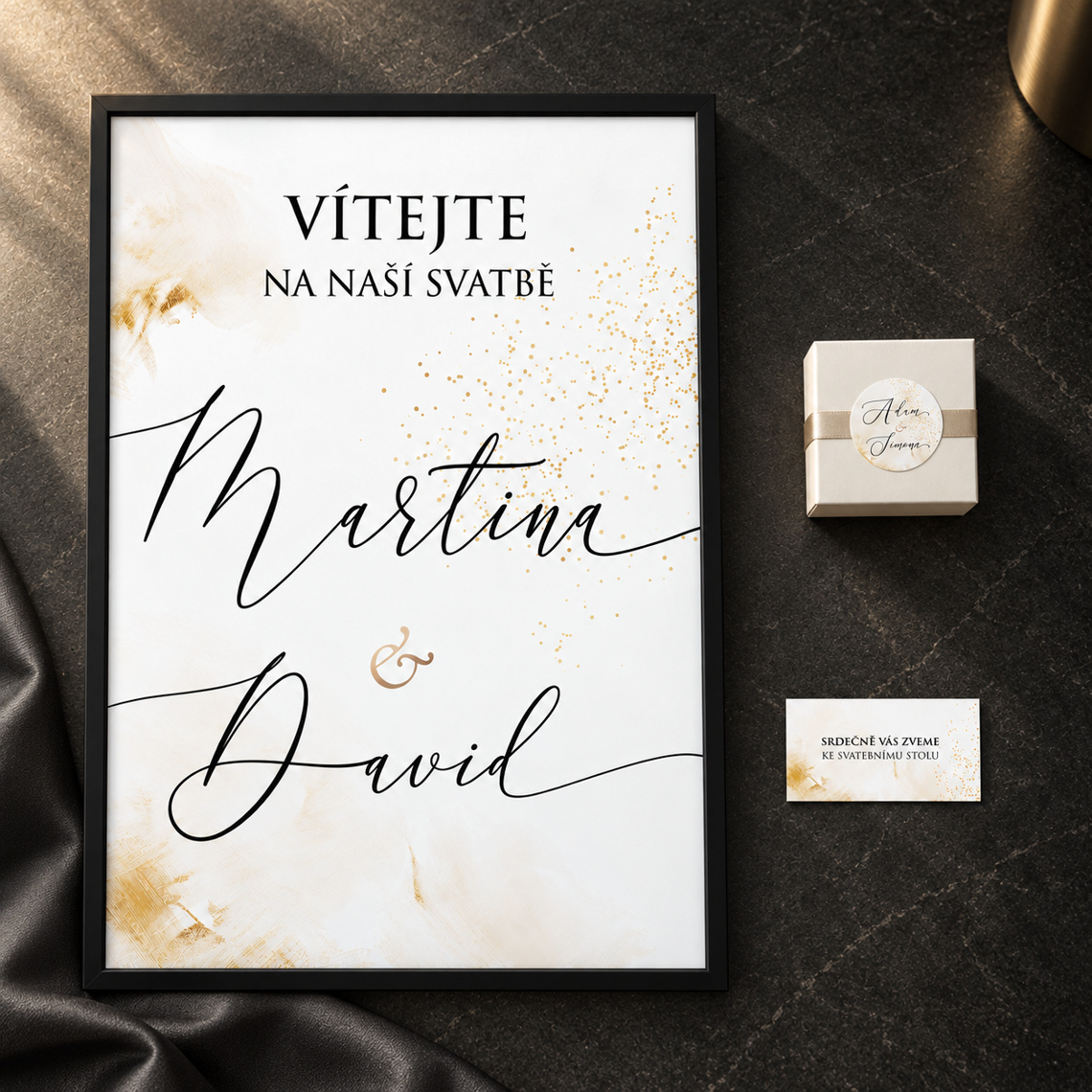 Vítací cedule 276 – Antracit a teplé světlo – Sladěná sada