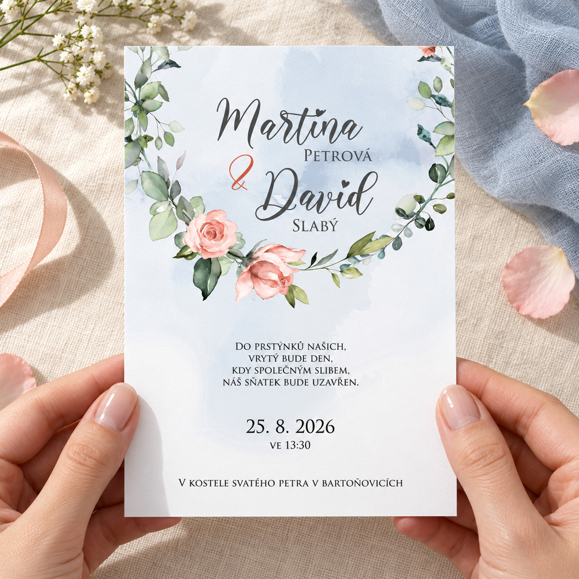 Svatební oznámení 247 – Boho motiv s růžemi – S rukama / použití