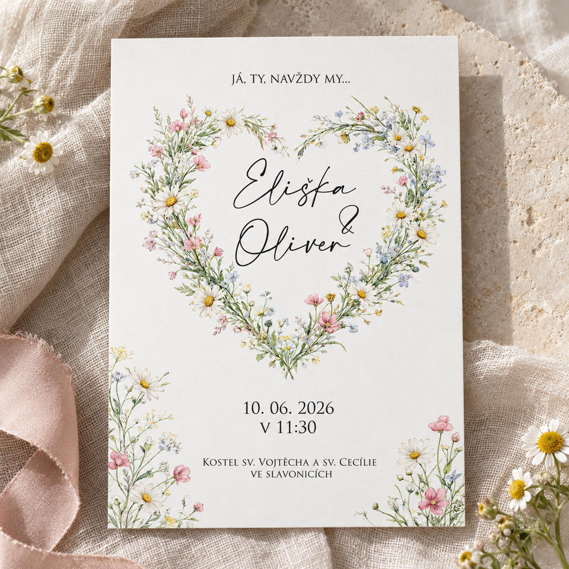 Svatební oznámení 366 – Boho luční květiny ve tvaru srdce – Produkt