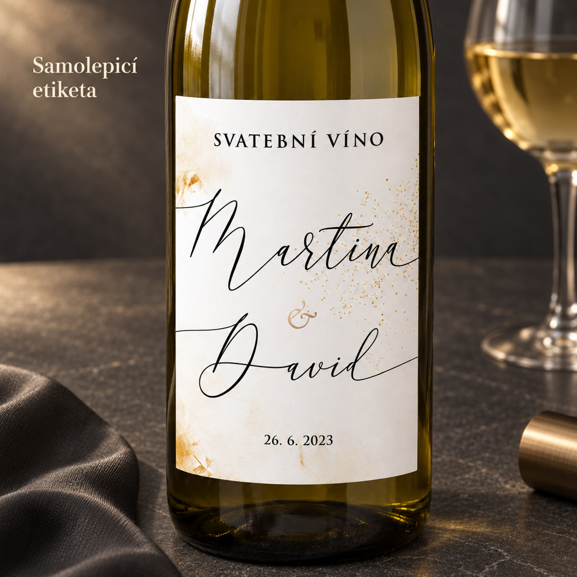Etiketa na svatební víno 276 – Antracit a teplé světlo – Detail