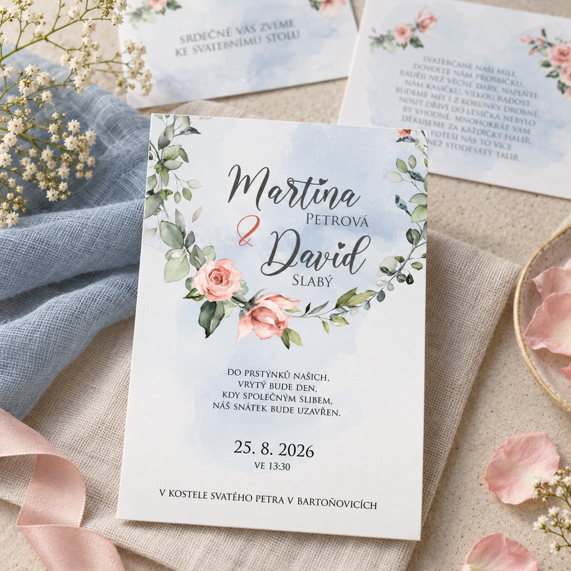 Svatební oznámení 247 – Boho motiv s růžemi – Ve sladěné sadě