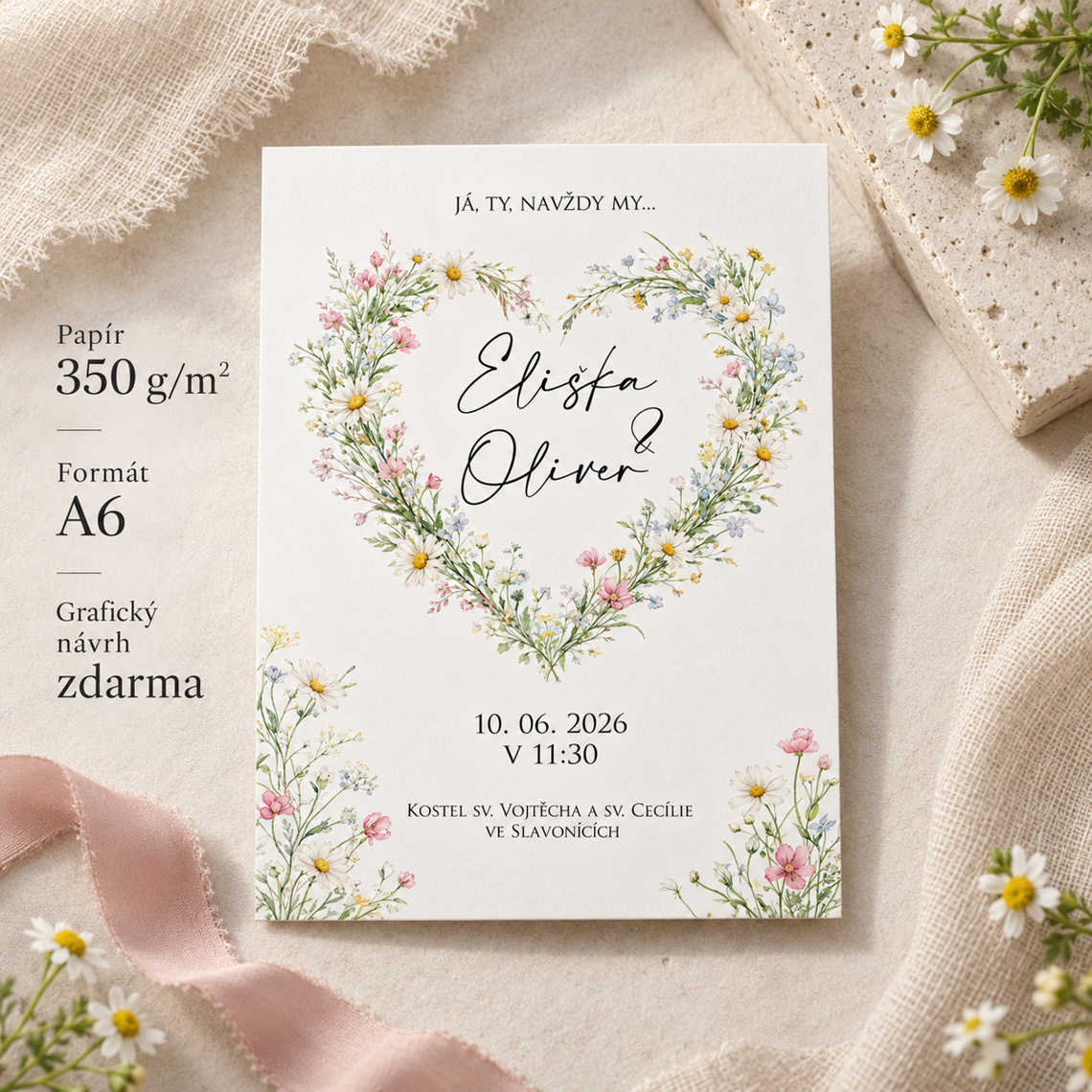 Svatební oznámení 366 – Boho luční květiny ve tvaru srdce – Detail