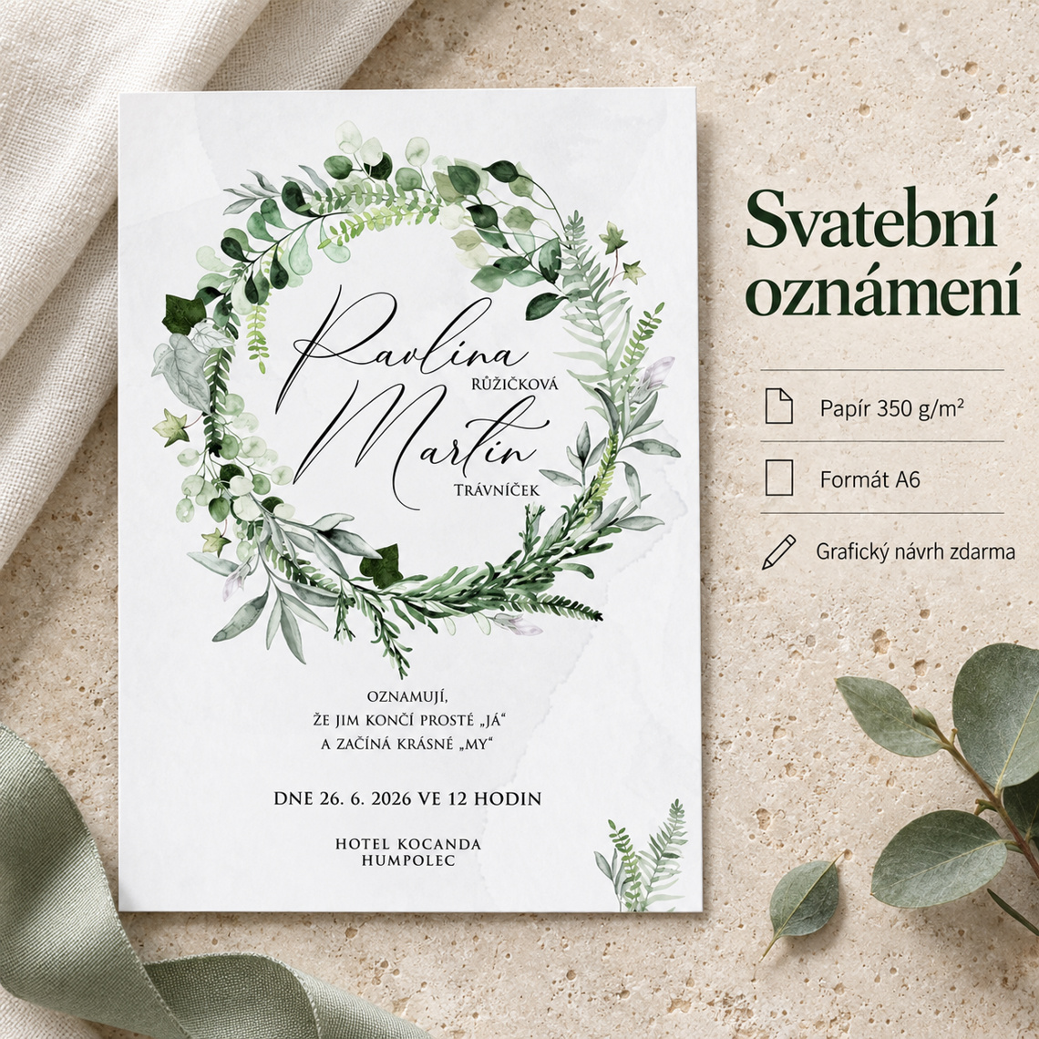 Svatební oznámení 287 – Břečťan v BOHO stylu – Benefity a detaily