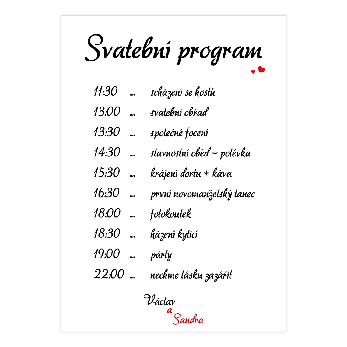 Svatební harmonogram 211 - svatební harmonogram s programem dne