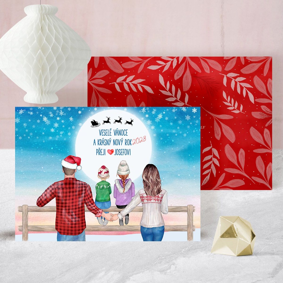 Rodinná novoročenka 002 - Vaša rodinka, mesiac a Santa – ukážka produktu