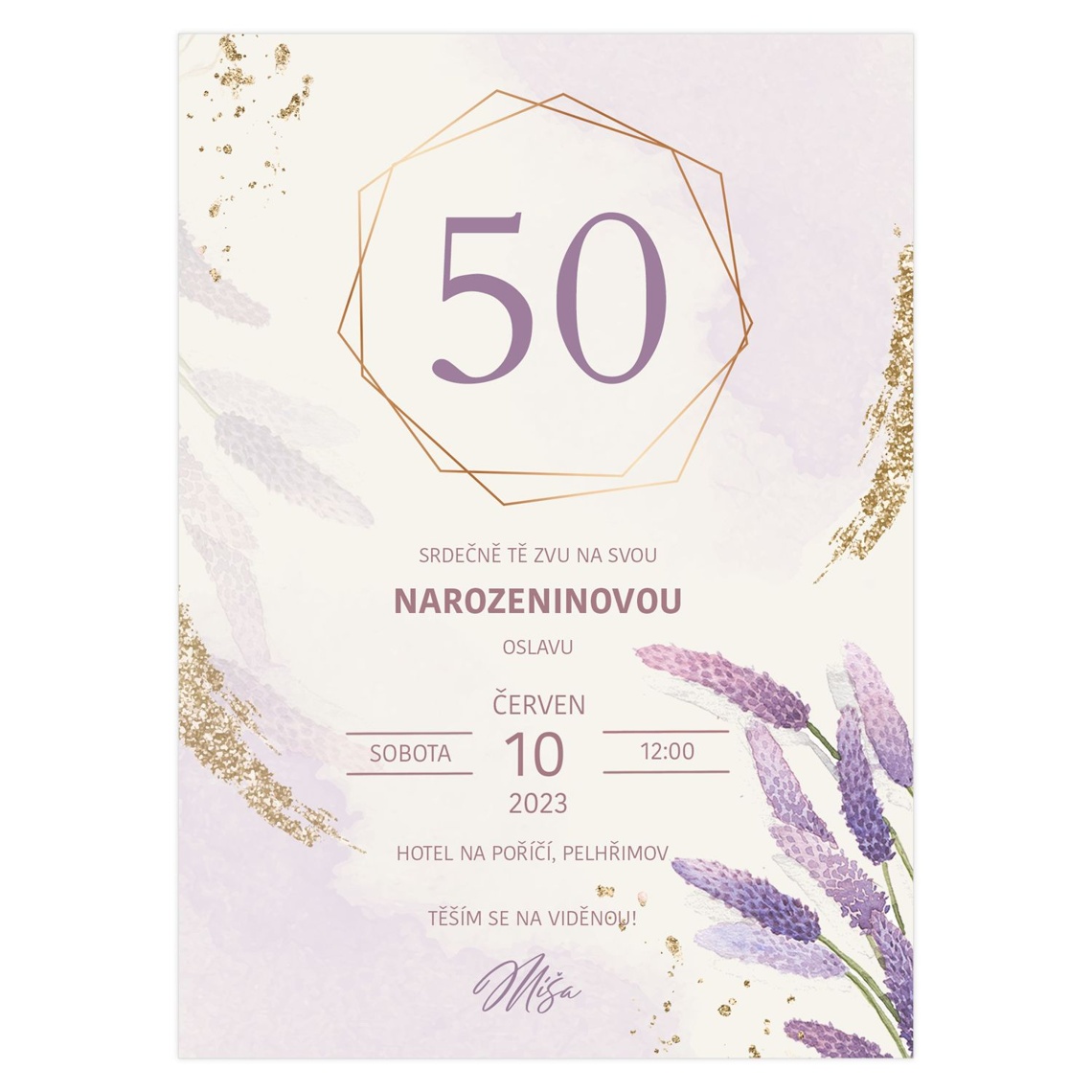 Narozeninová pozvánka 26 - levandule se zlatými detaily na produktovém náhledu