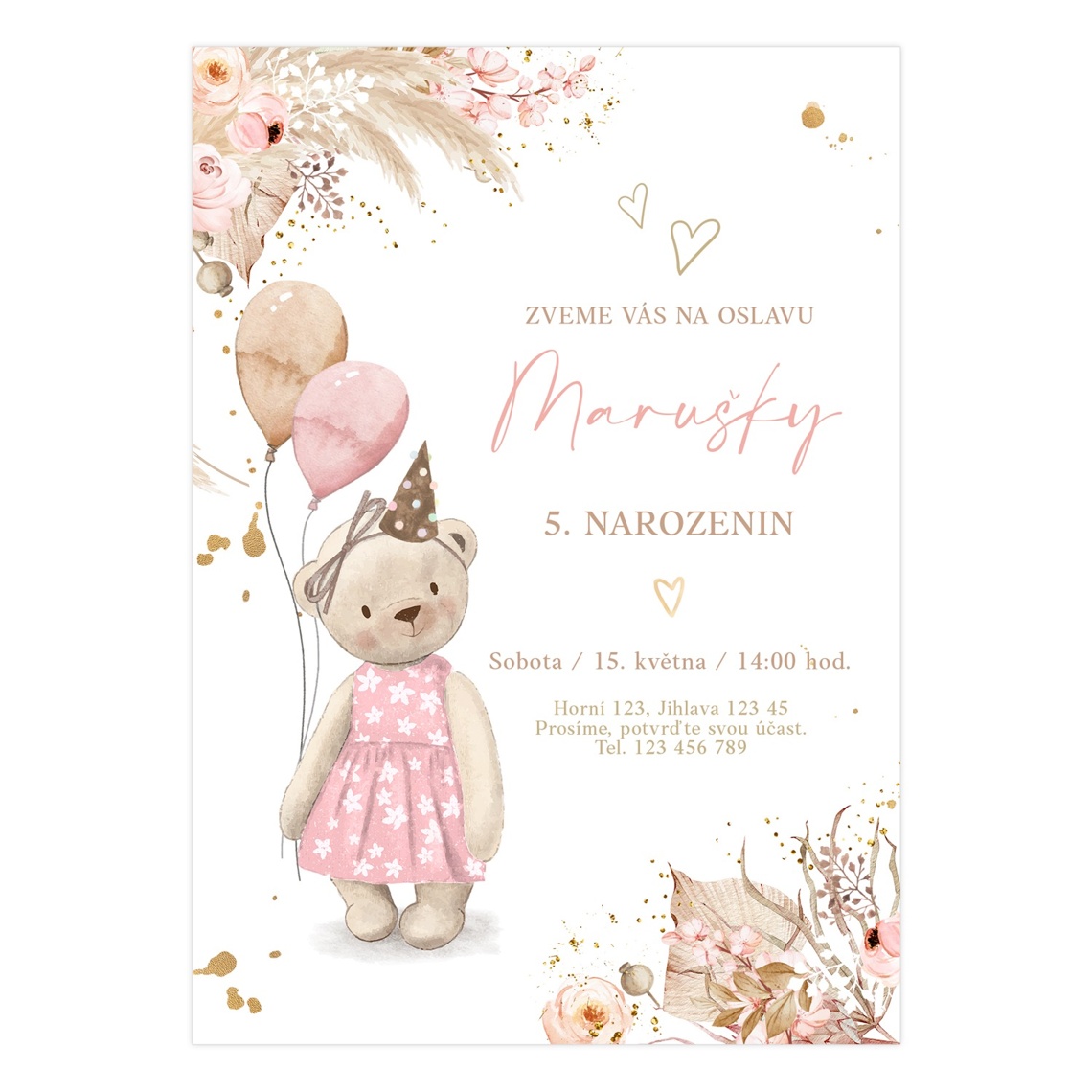 Narozeninová pozvánka 62 - Boho medvídek s balónky na produktovém náhledu