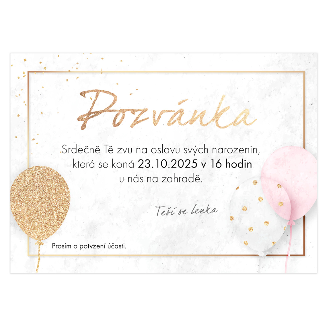 Narozeninová pozvánka 2 - Mramor se zlatými balónky na produktovém náhledu