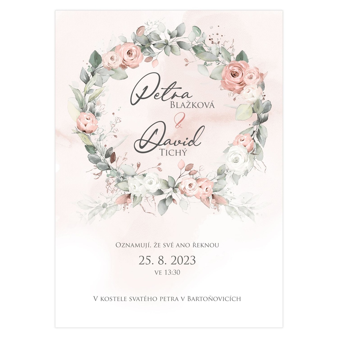 Detail produktu Svatební oznámení 248 – Boho motiv s růžemi na navázané fotografii