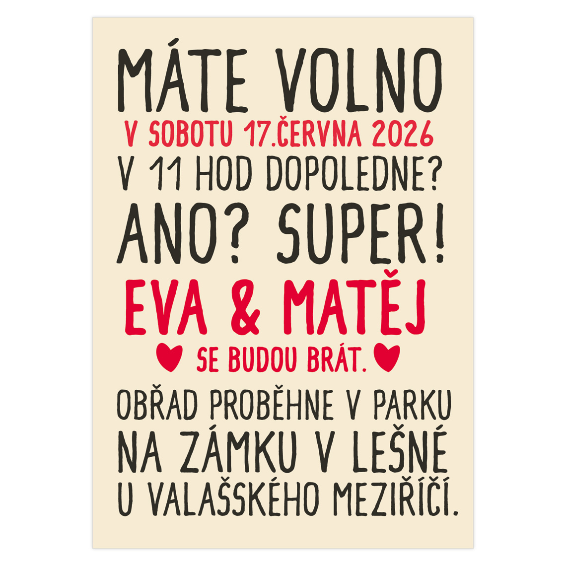 Svatební oznámení 169 – Vtipně typografické oznámení na produktovém náhledu