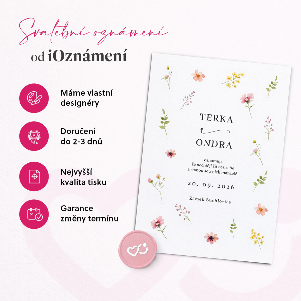 Svatební oznámení 370 – Jemná květinová kompozice v detailu pro kontrolu textu a provedení