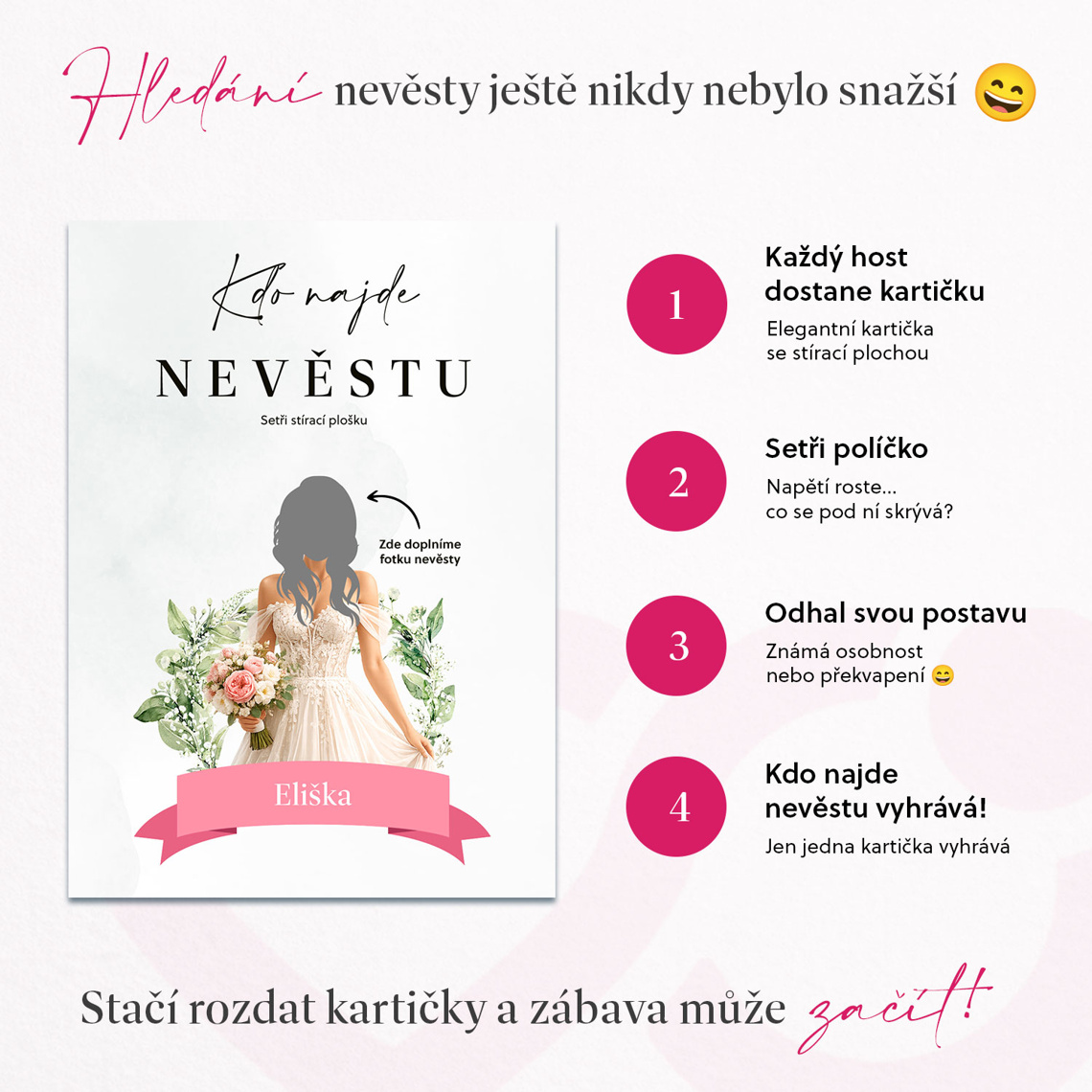 Kdo najde nevěstu – stírací hra v detailu pro kontrolu textu a provedení